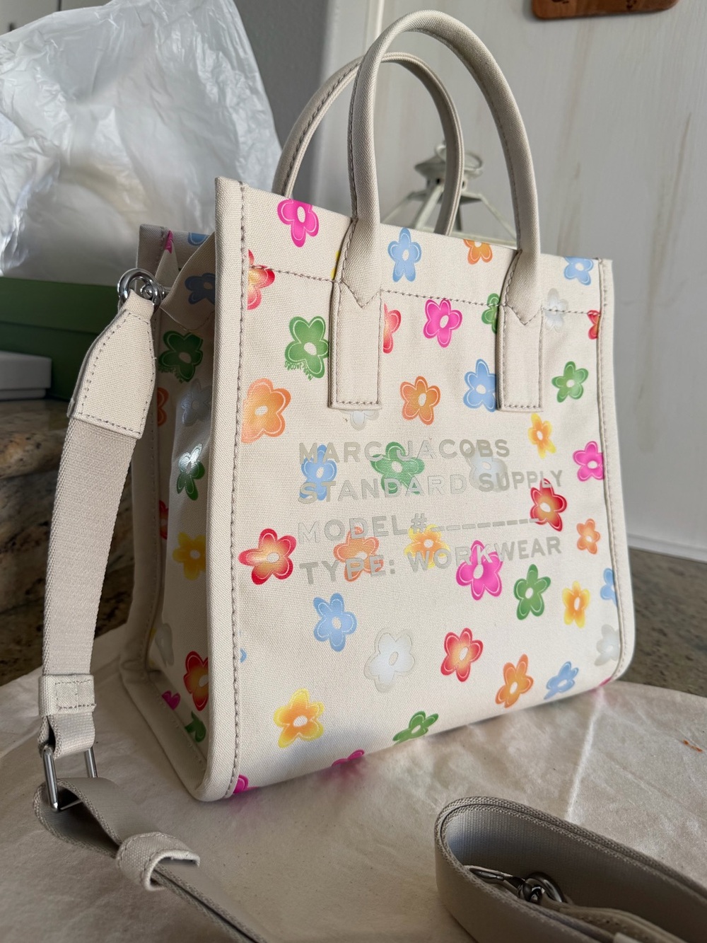 Marc Jacobs Cream Canvas Tote with Multicolor Floral Print